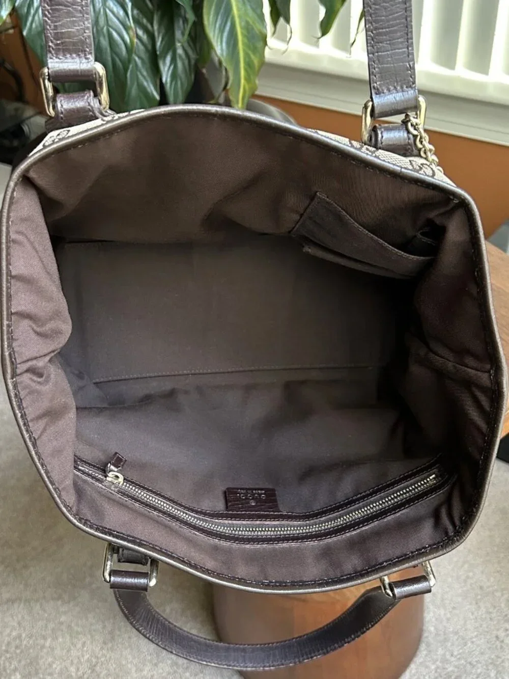GUGGI GG Supreme Monogram Sherry Web Tote, Tan, Brown